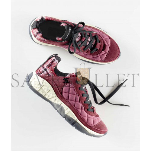 Ch*el sneakers fabric, tweed & suede calfskinlight burgundy, pink & black g39234 y55990 k47