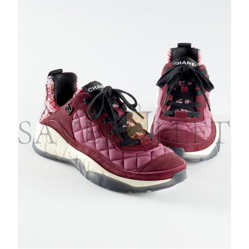 Ch*el sneakers fabric, tweed & suede calfskinlight burgundy, pink & black g39234 y55990 k47