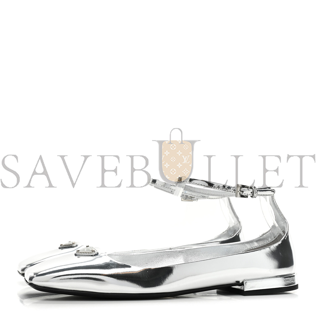 Pra*a metallic calfskin metal triangle logo ankle strap ballerinas 36.5 silver