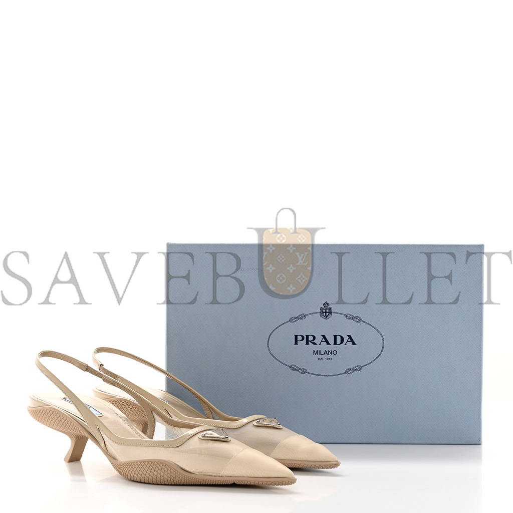 Pra*a mesh nappa triangle logo pointed toe 45mm slingback pumps 38.5 deserto