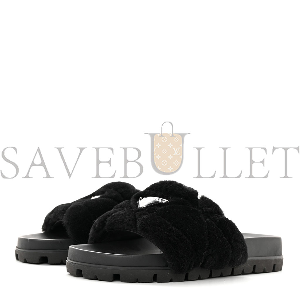 Pra*a shearling metal triangle logo lug sole 20mm slide sandals 41 black