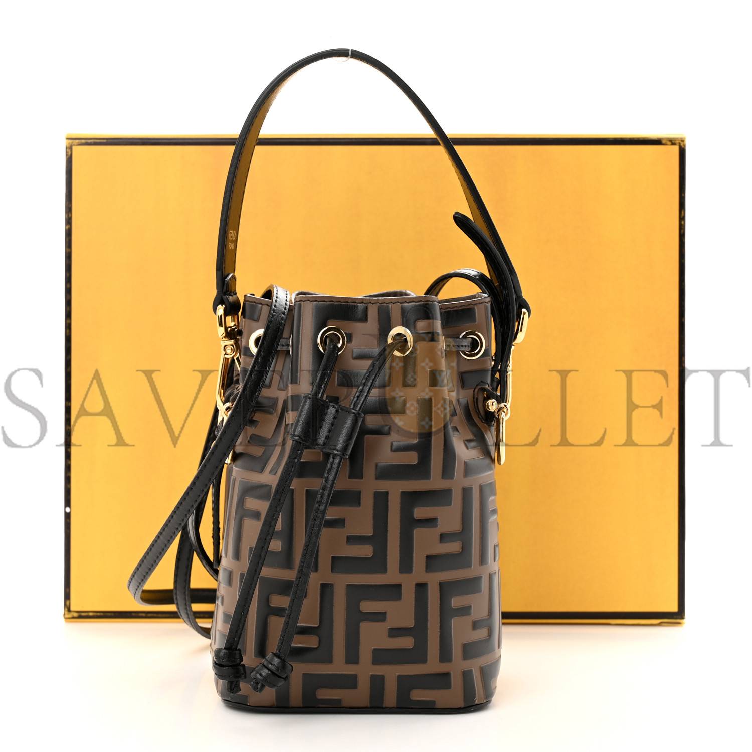 F**di vitello liberty f is F**di bi-color ff 1974 embossed mini mon tresor bucket bag maya black (18*12*10cm)