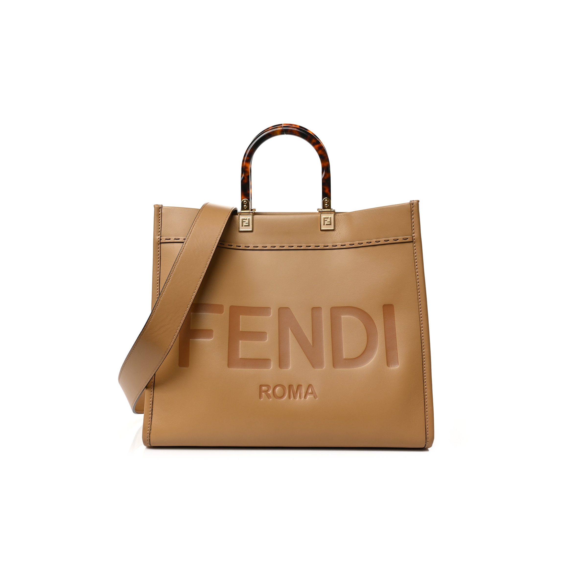 F**di vitello king plexiglass logo embossed medium F**di sunshine shopper tote miele scuro (36*30*16cm)