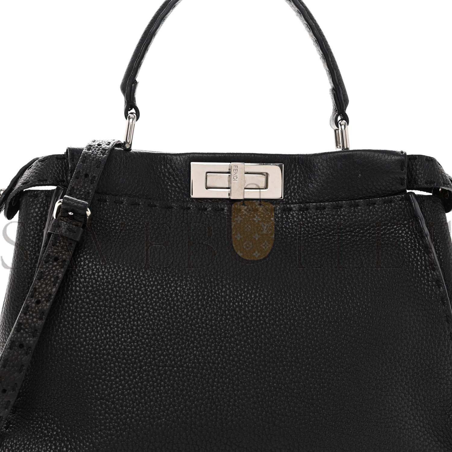 F**di cuoio romano selleria bi-color mini peekaboo iconic satchel black mou (34*22*12cm)