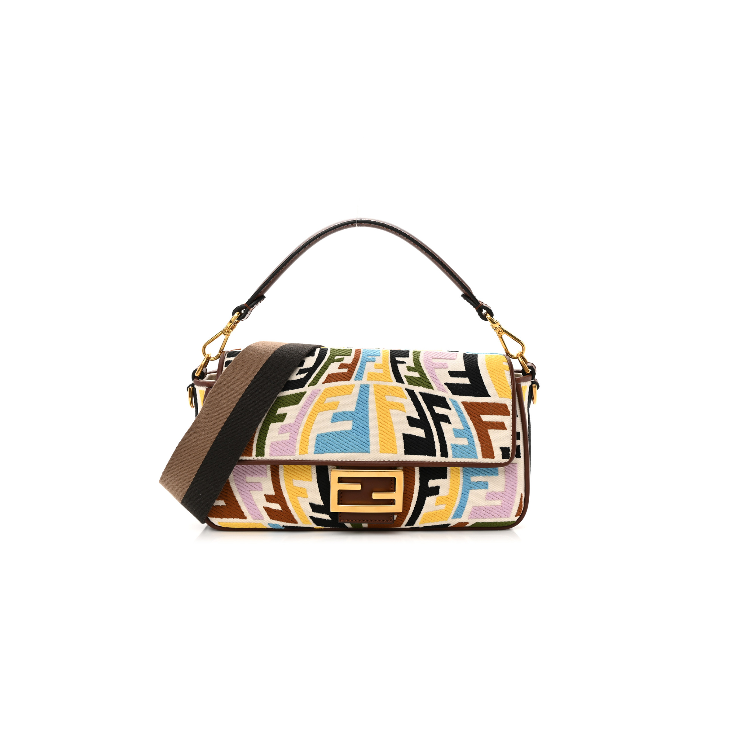 F**di x sara coleman canvas vitello king seta ff fish eye embroidered baguette grezzo multicolor ghianda (28*15*6cm)