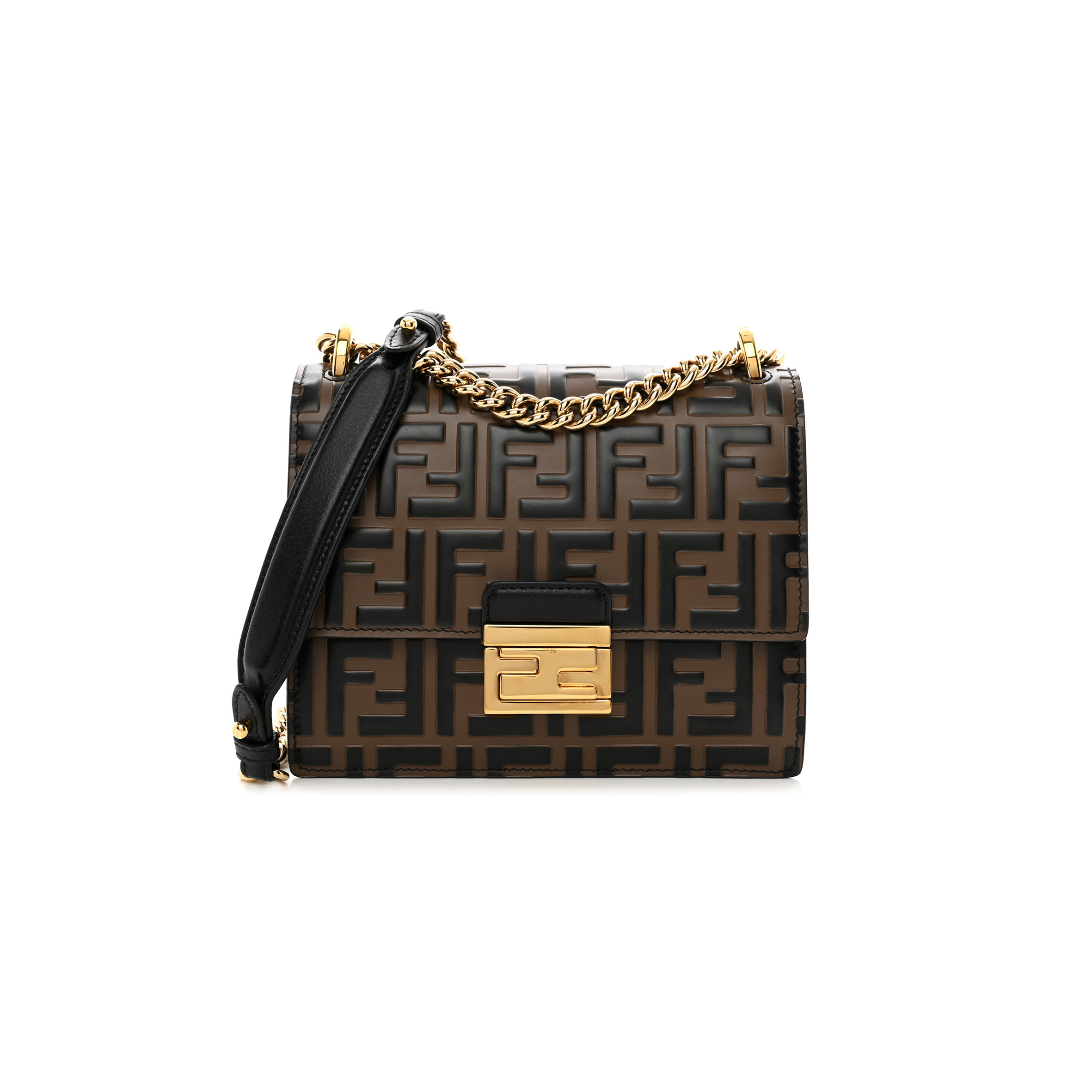 F**di vitello liberty bi-color ff 1974 embossed small kan u shoulder bag maya black (19*15*9cm)