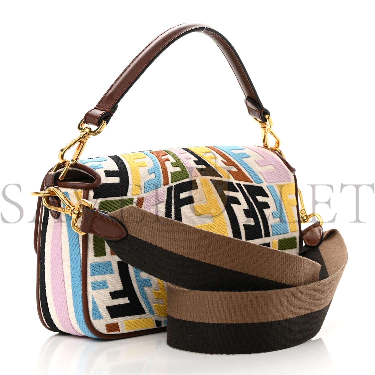 F**di x sara coleman canvas vitello king seta ff fish eye embroidered baguette grezzo multicolor ghianda (28*15*6cm)