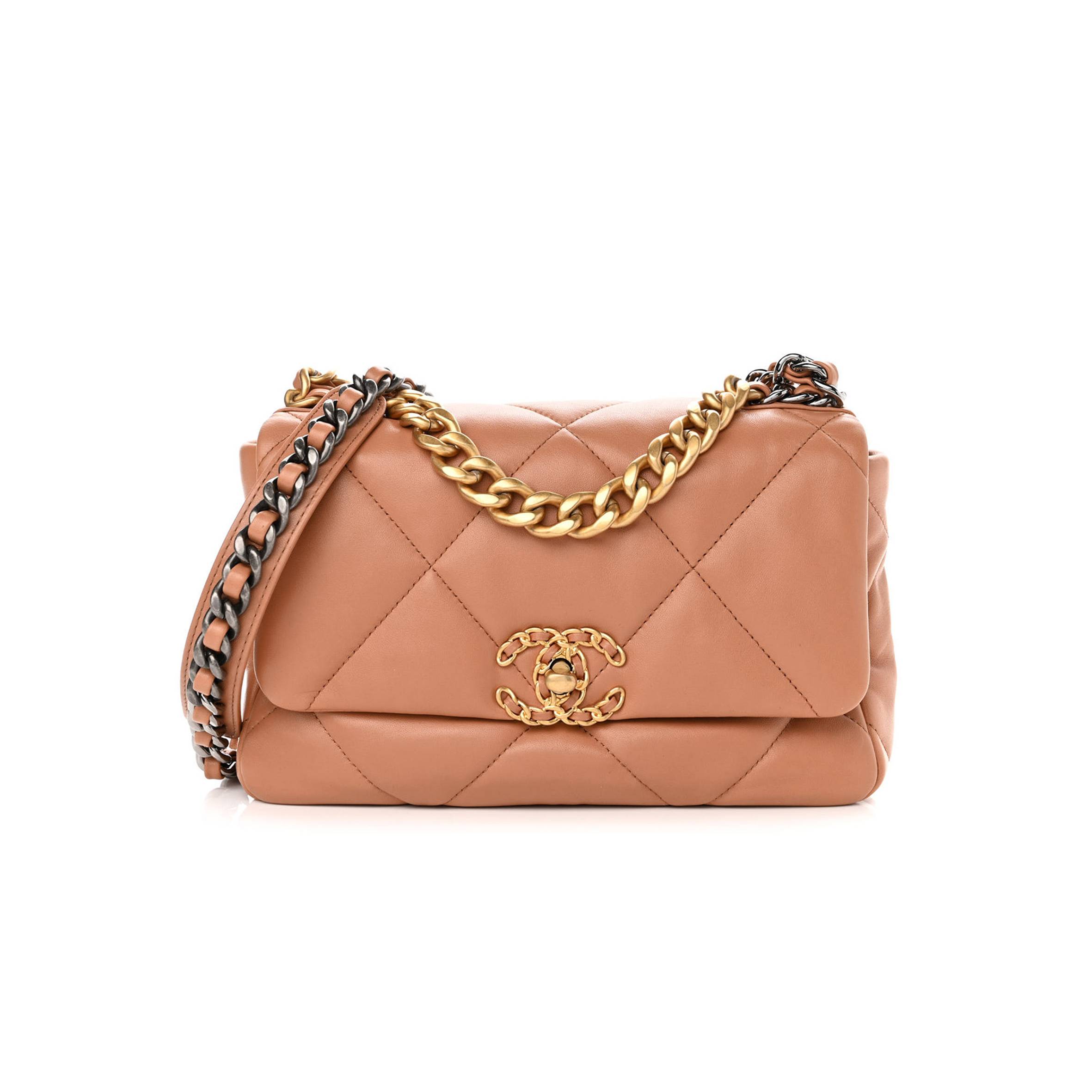 Ch*el lambskin quilted medium Ch*el 19 flap light brown gold hardware (25*17*8cm)