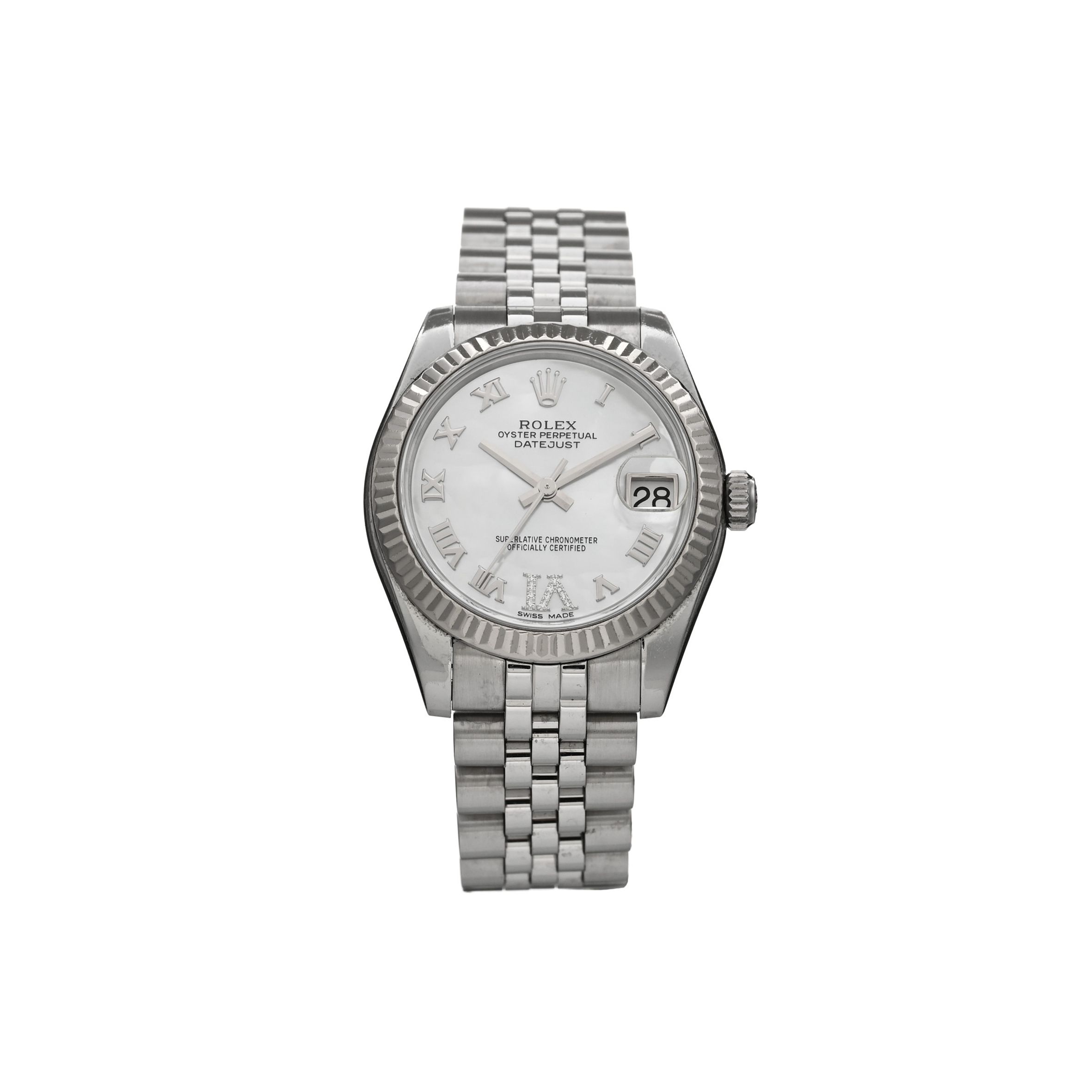 R*l*x stainless steel 18k white gold diamond mother of pearl 31mm oyster perpetual datejust watch roman 178274