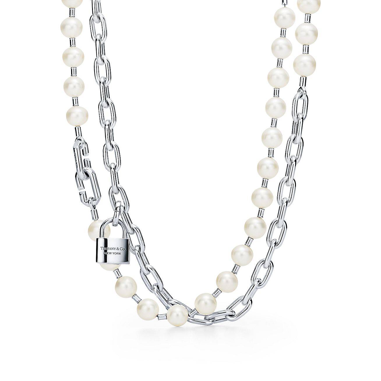 T*f*ny hardwear pearl lock necklace in silver, 9-10 mm