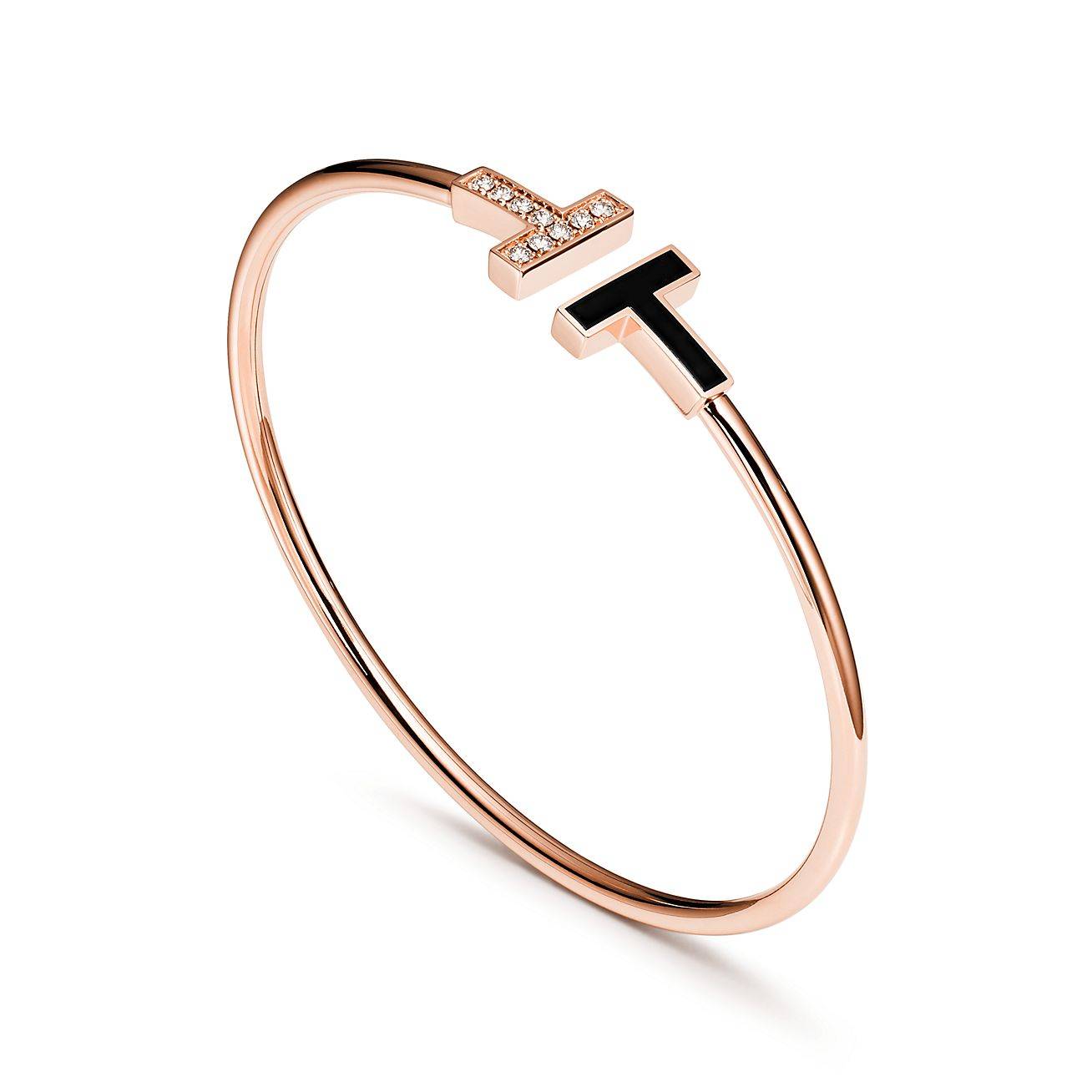 T*f*ny t wire bracelet in rose gold with black onyx and diamonds