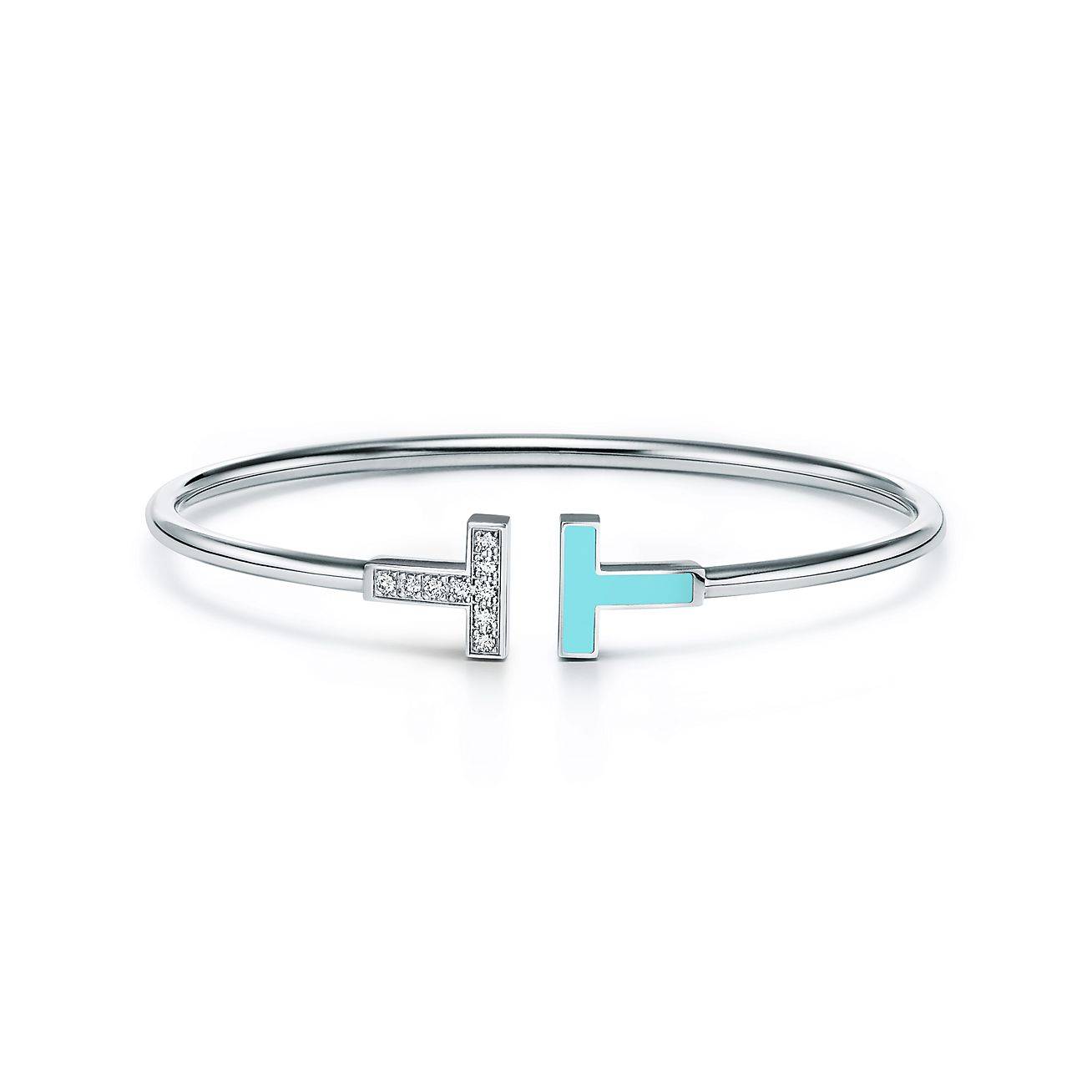 T*f*ny t diamond and turquoise wire bracelet in 18k white gold