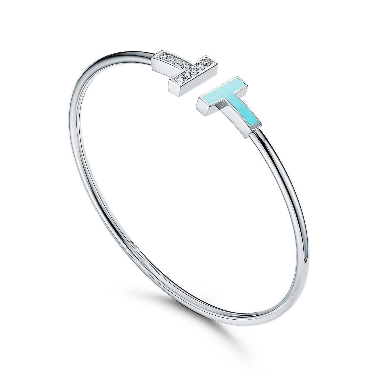 T*f*ny t diamond and turquoise wire bracelet in 18k white gold