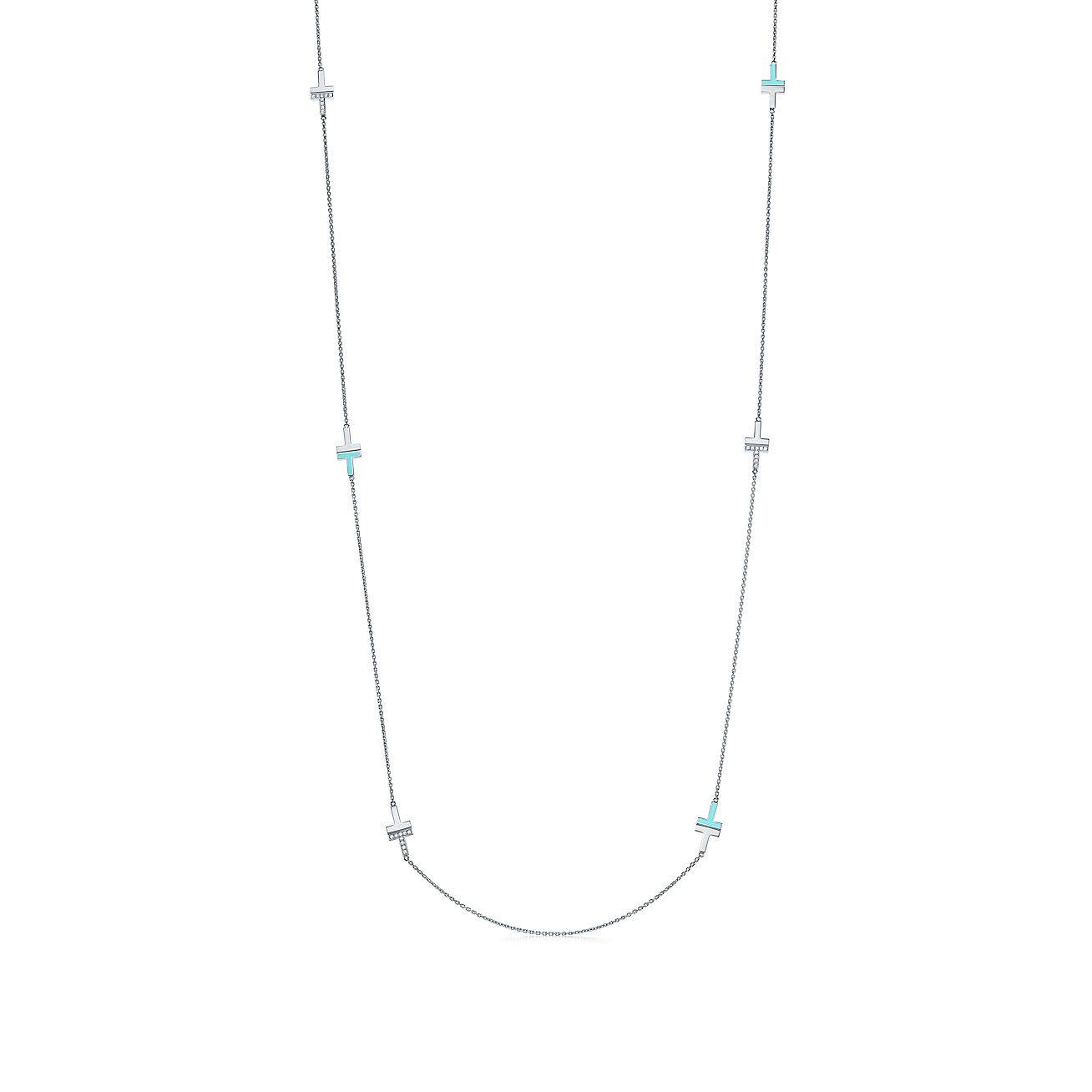 T*f*ny t diamond and turquoise station necklace in 18k white gold, 34