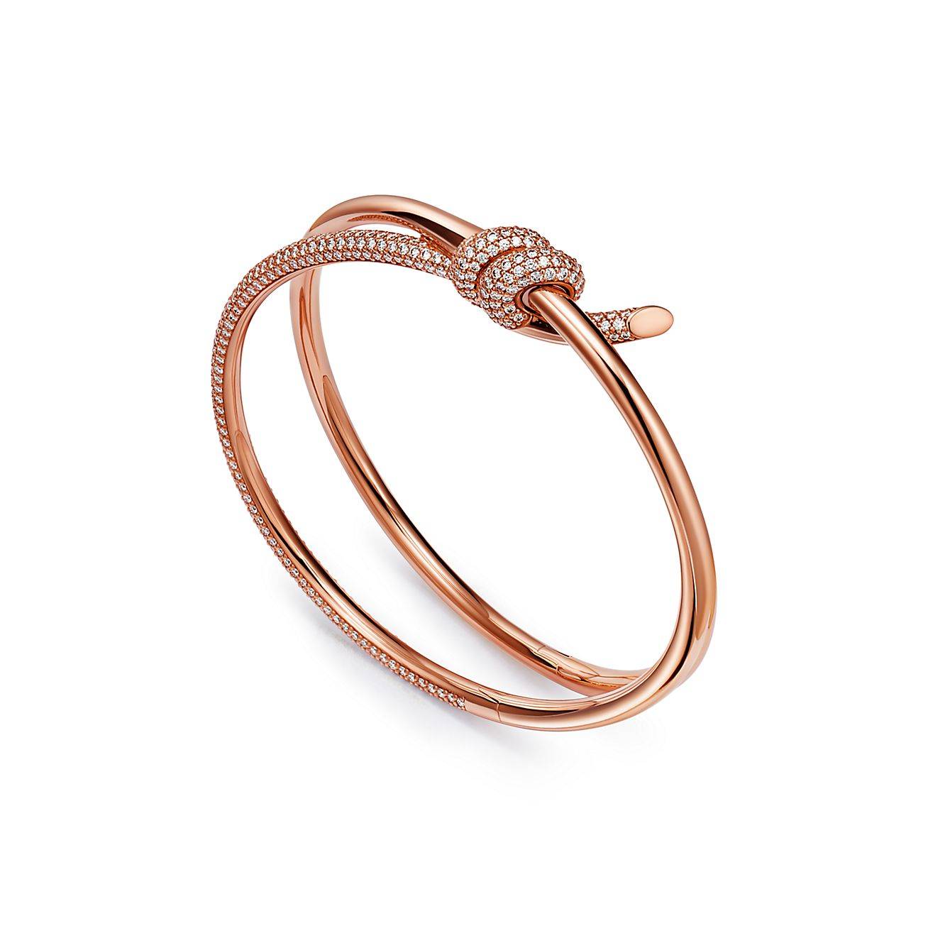 T*f*ny knot double row hinged bangle in rose gold with diamonds