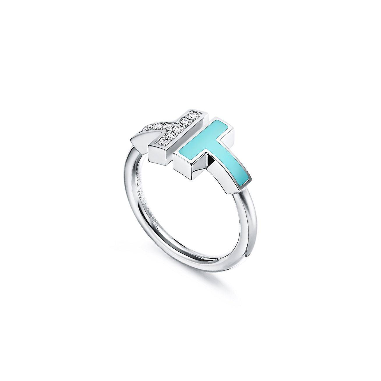 T*f*ny t diamond and turquoise wire ring in 18k white gold