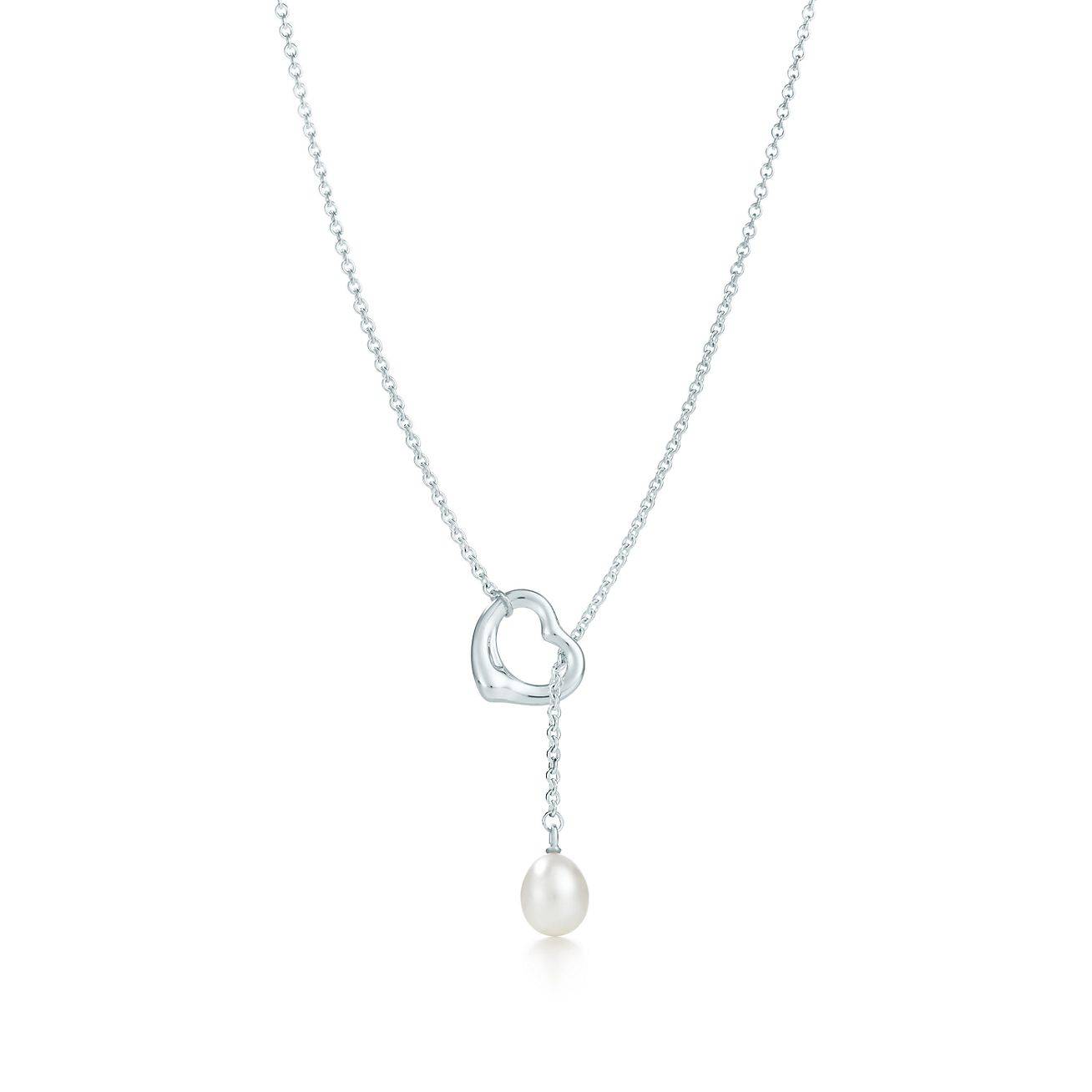 T*f*ny  elsa peretti® open heart lariat necklace in silver with pearls, 9-9.5 mm