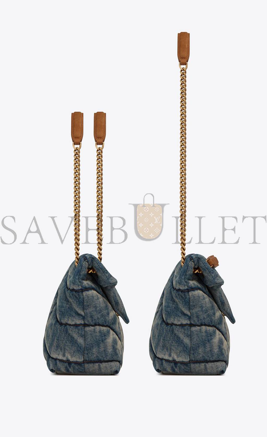 YSL PUFFER MEDIUM CHAIN BAG IN QUILTED VINTAGE DENIM AND SUEDE 5774752PT674575 (35*23*13.5cm)