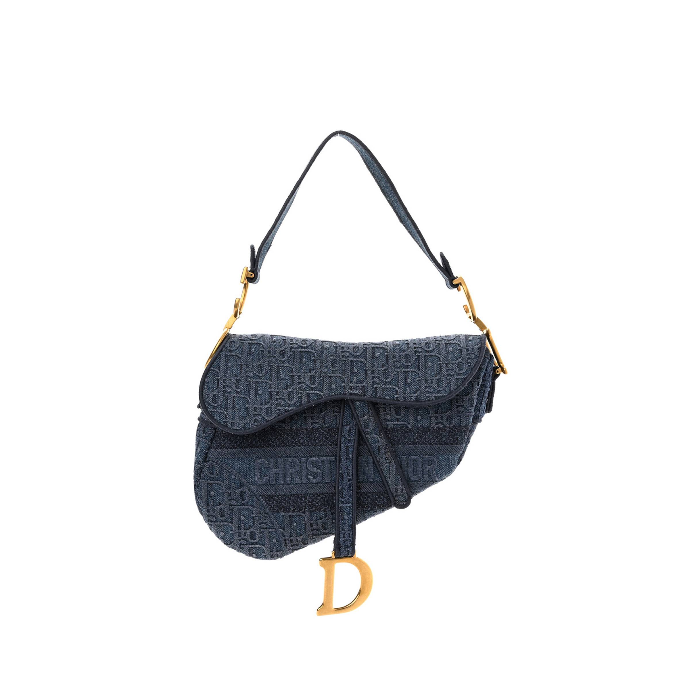 D*or oblique embroidered saddle bag denim blue (27*22*5.1cm)