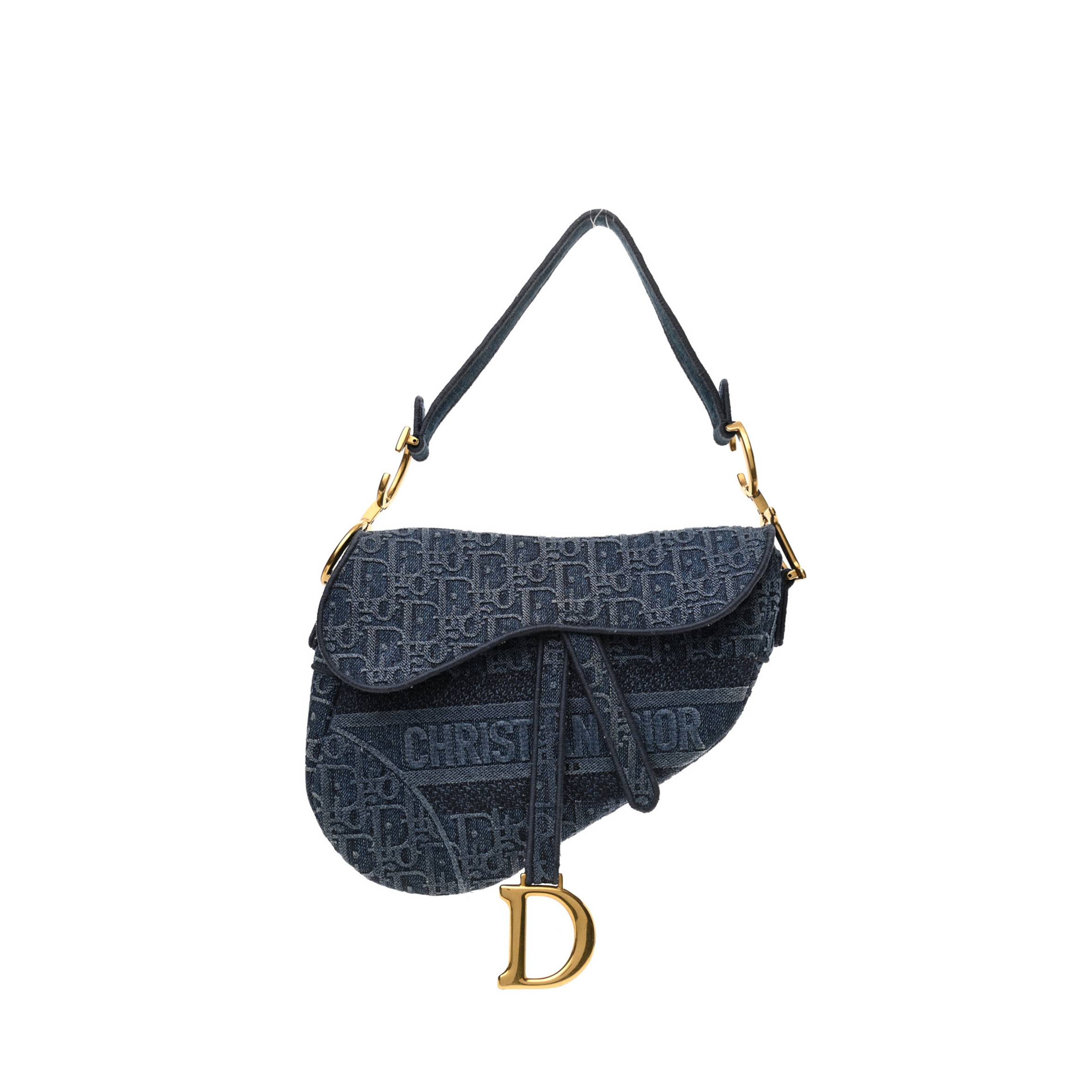 D*or oblique embroidered saddle bag denim blue (25*22*5.7cm)