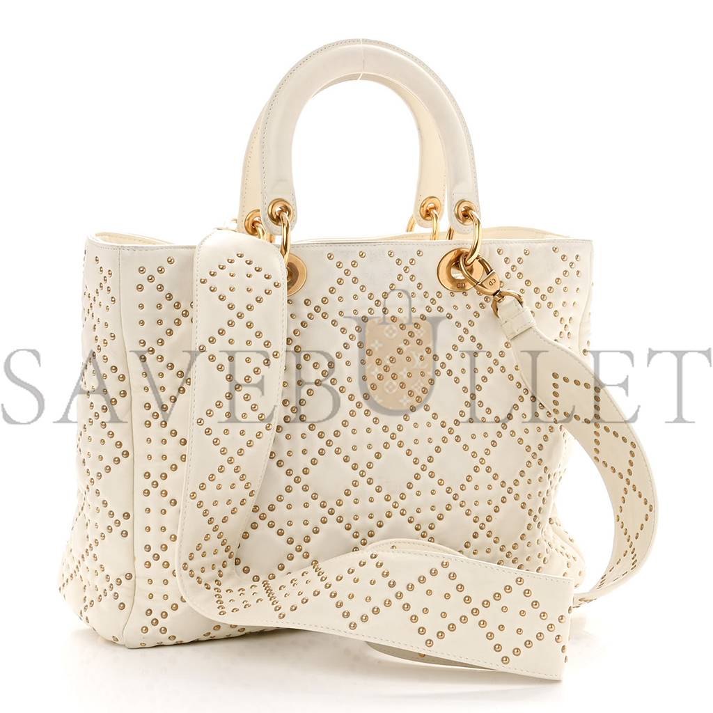 D*or lambskin cannage studded large supple lady D*or white (30*25*11.4cm)