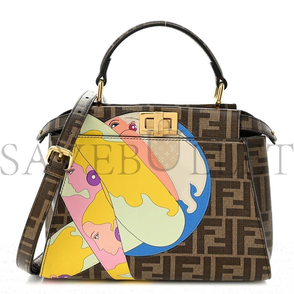 F**di glazed fabric vitello ff 1974 hairdo girls inlay mini peekaboo iconic satchel mogano panna multicolor (23*18*13cm)