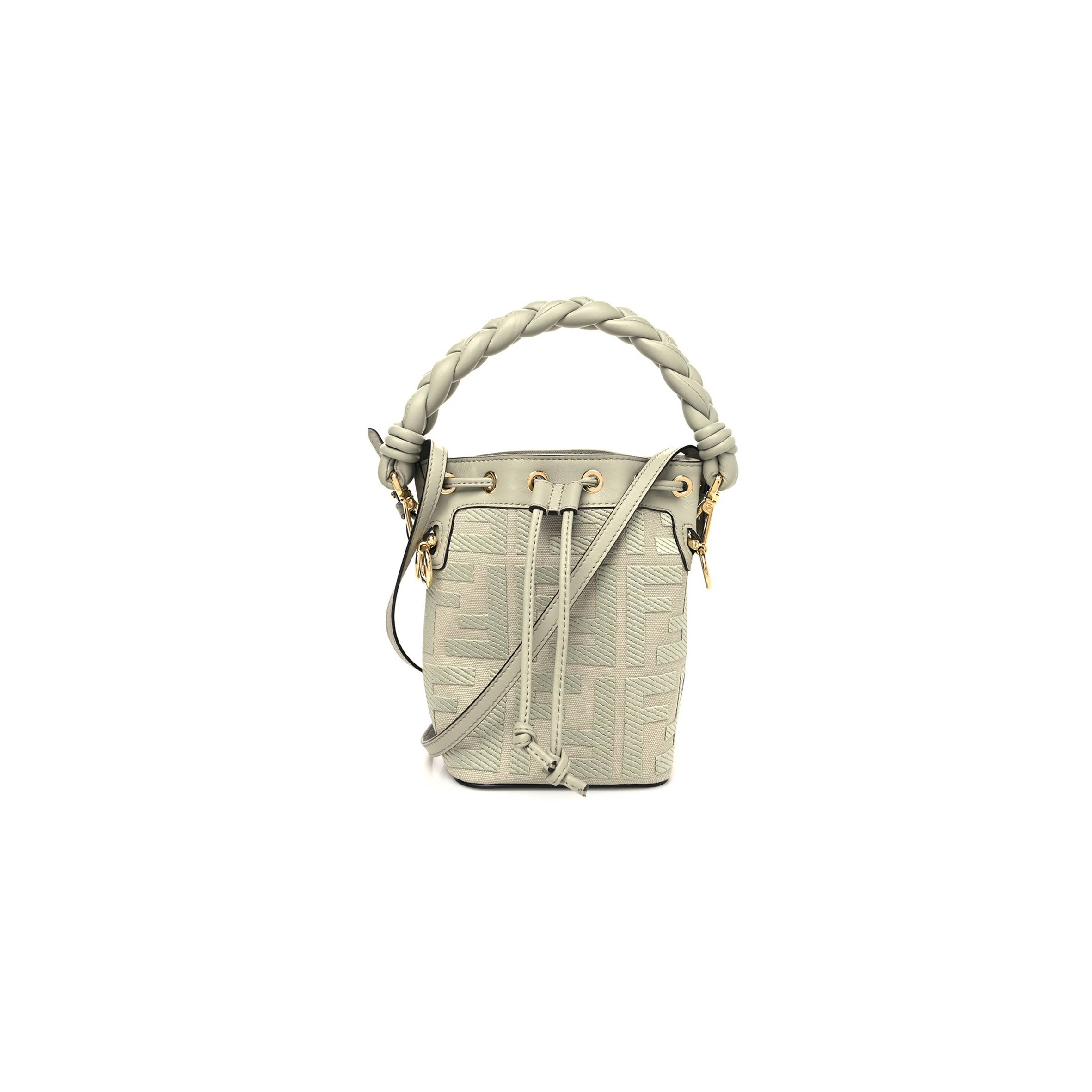 F**di canvas vitello grace f is F**di ff embroidered mini mon tresor bucket bag light green (18*12*10cm)