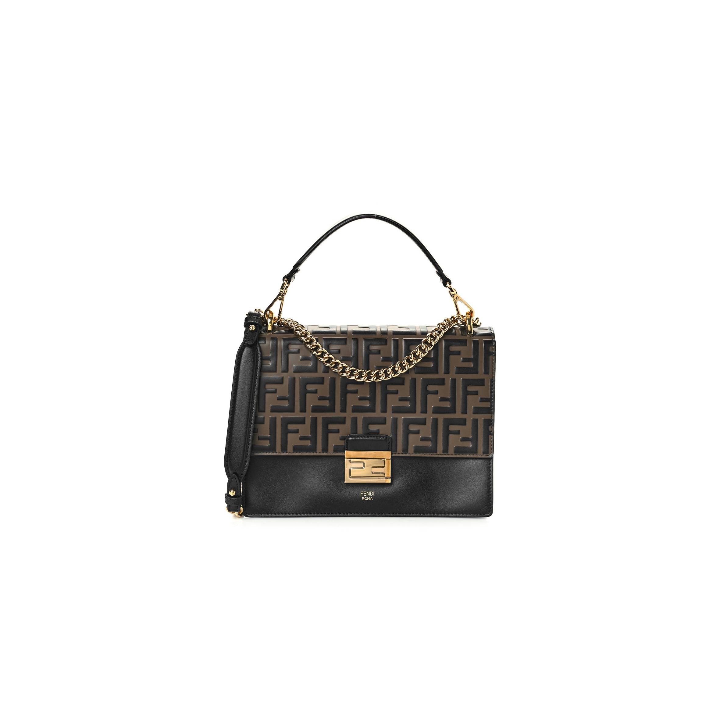 F**di vitello liberty bi-color ff 1974 embossed chain strap kan u shoulder bag black maya (25*20*8cm)