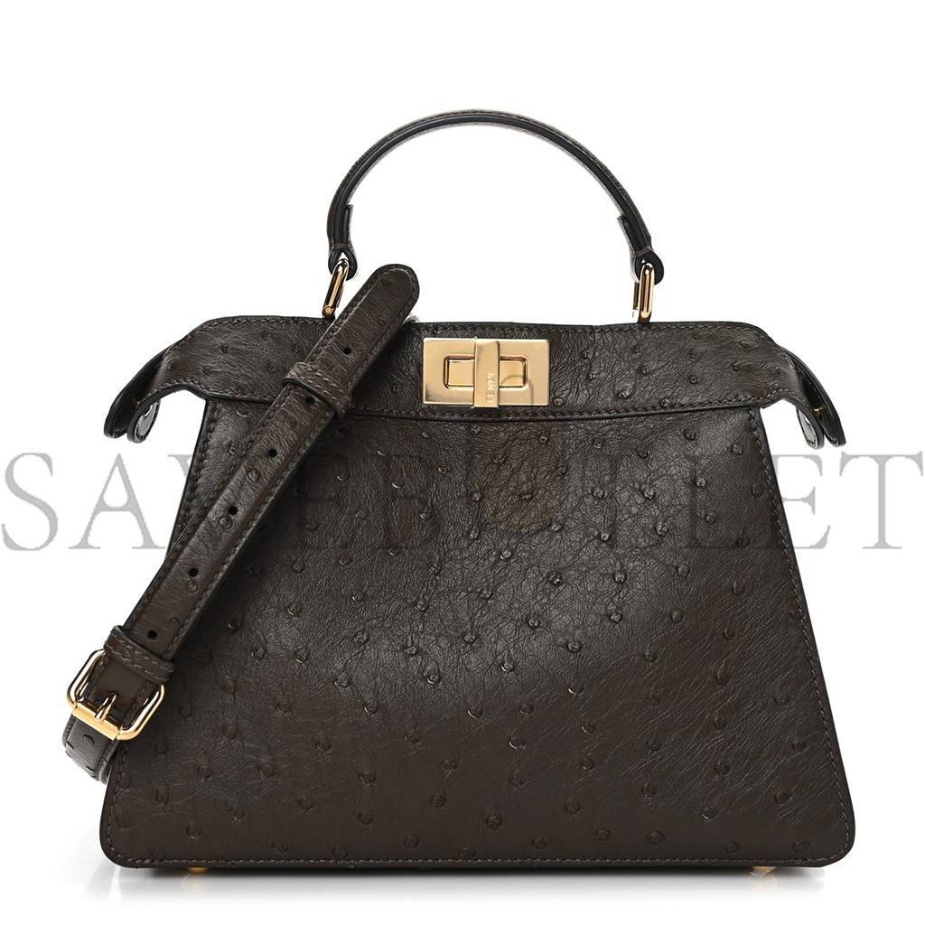 F**di ostrich shiny nappa small peekaboo i see u satchel dark brown (27*20*11cm)