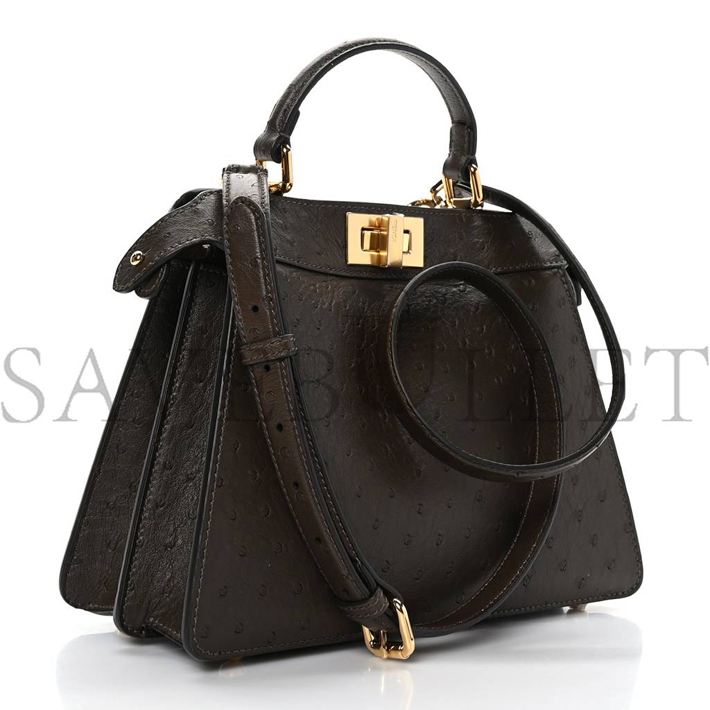 F**di ostrich shiny nappa small peekaboo i see u satchel dark brown (27*20*11cm)