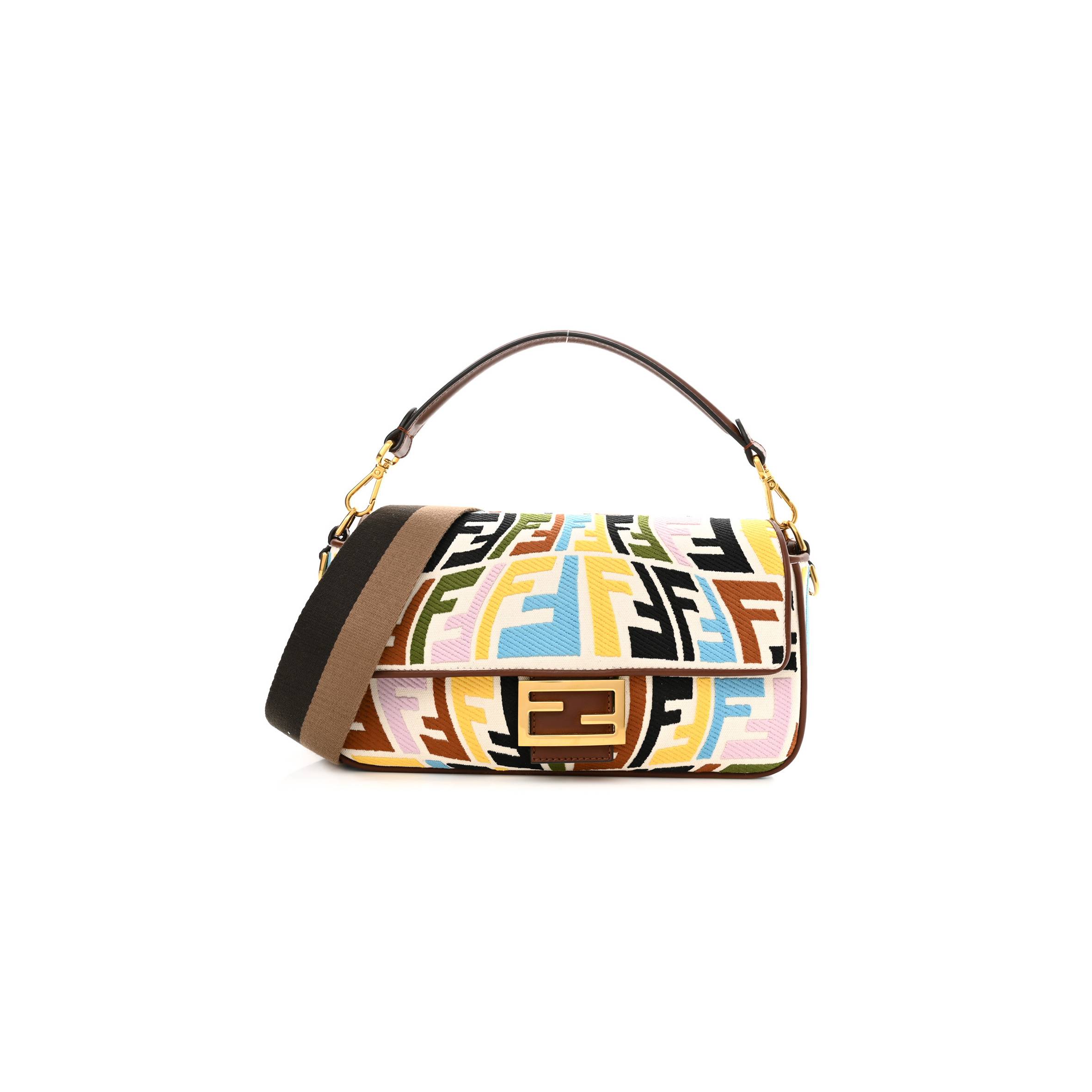 F**di x sara coleman canvas vitello king seta ff fish eye embroidered baguette grezzo multicolor ghianda (28*16*6cm)