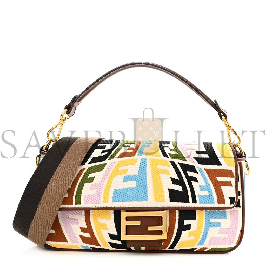 F**di x sara coleman canvas vitello king seta ff fish eye embroidered baguette grezzo multicolor ghianda (28*16*6cm)